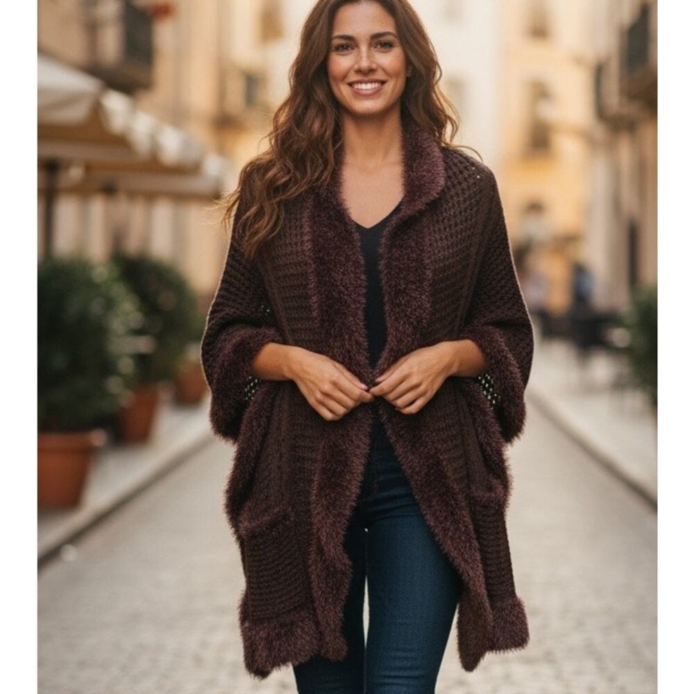 Scarf Shawl Wrap w/ Faux Fur Edging and Pockets Brown Knit CTF Choose the Future